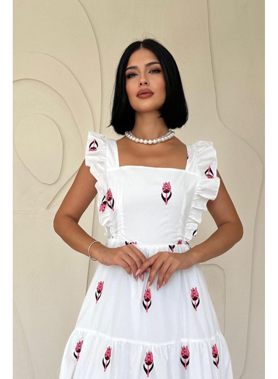 Fuşya Sıfır Kol Fırfırlı Elbise