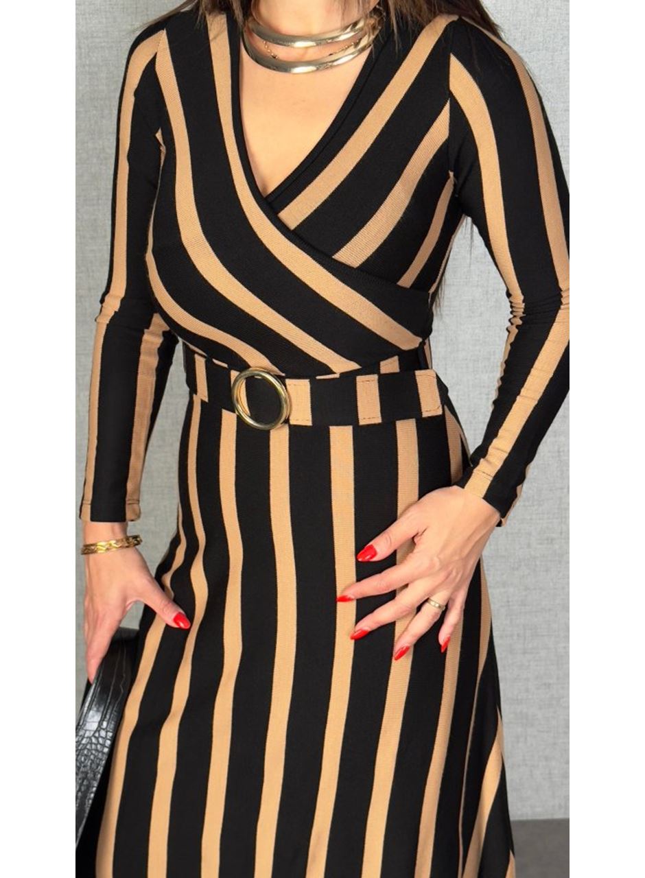 Kadın Uzun Kollu Kruvaze Yaka Kemer Dahil çizgili Triko Elbise