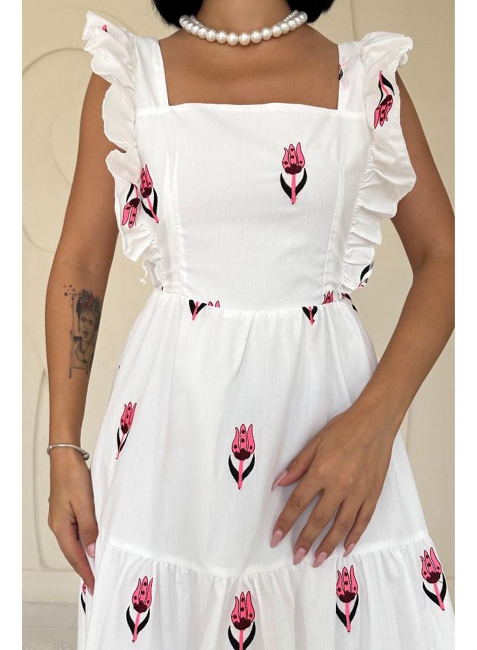 Fuşya Sıfır Kol Fırfırlı Elbise