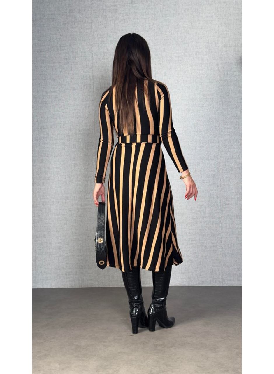 Kadın Uzun Kollu Kruvaze Yaka Kemer Dahil çizgili Triko Elbise