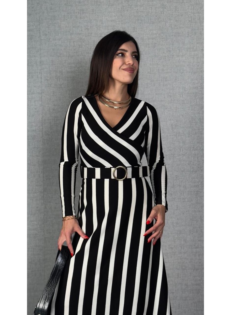 Kadın Uzun Kollu Kruvaze Yaka Kemer Dahil çizgili Triko Elbise