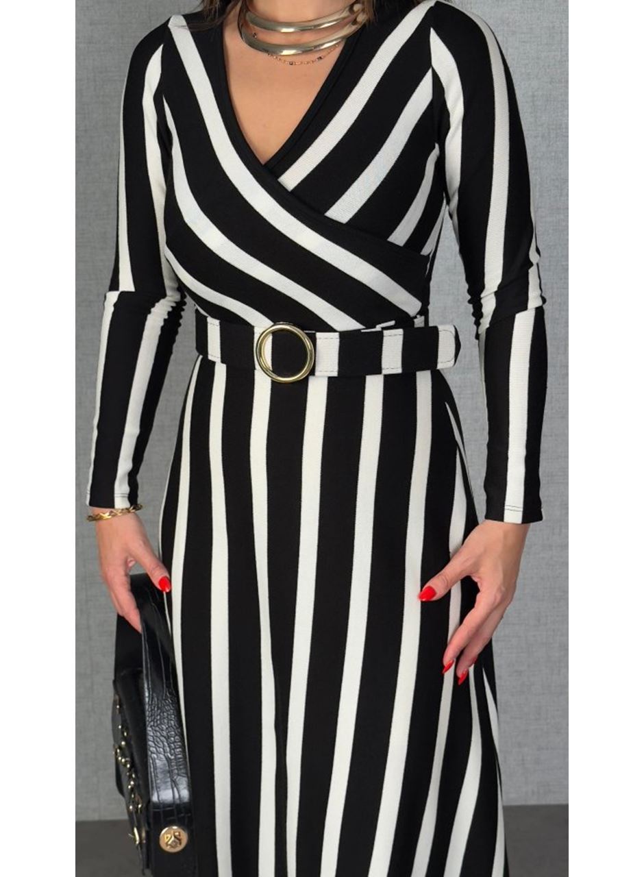 Kadın Uzun Kollu Kruvaze Yaka Kemer Dahil çizgili Triko Elbise