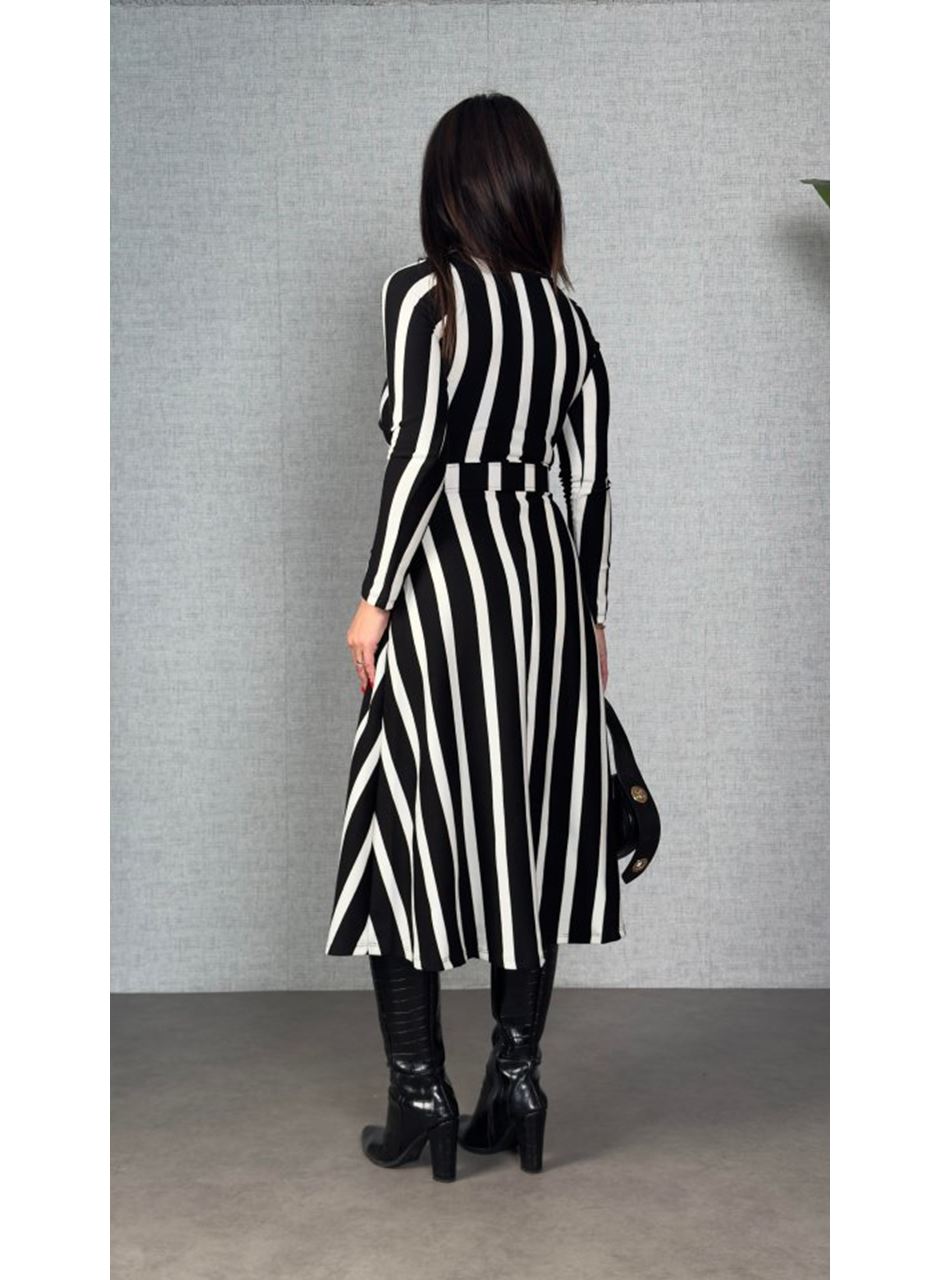 Kadın Uzun Kollu Kruvaze Yaka Kemer Dahil çizgili Triko Elbise