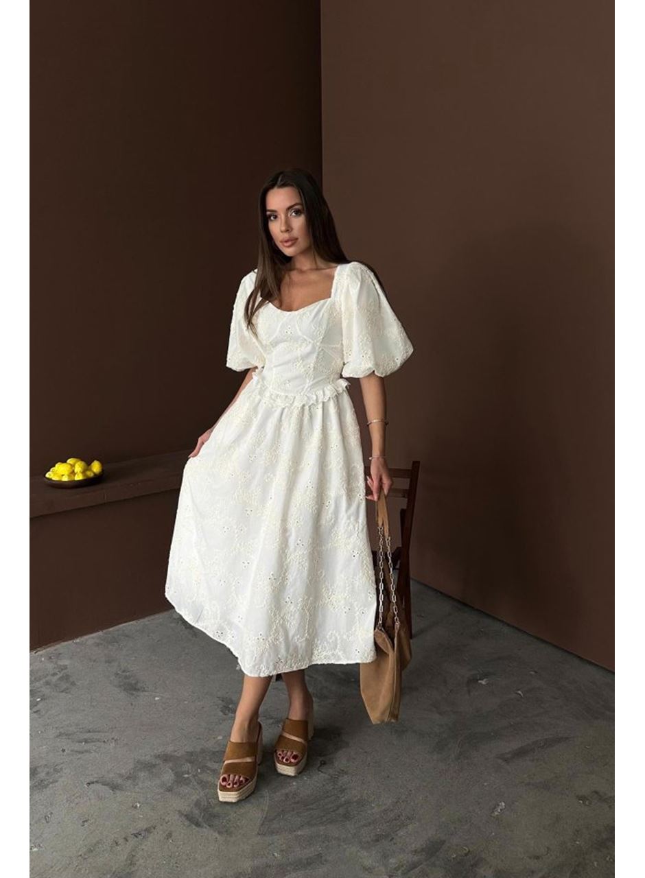 Ekru Balon Kollu Dantelli Brode Elbise