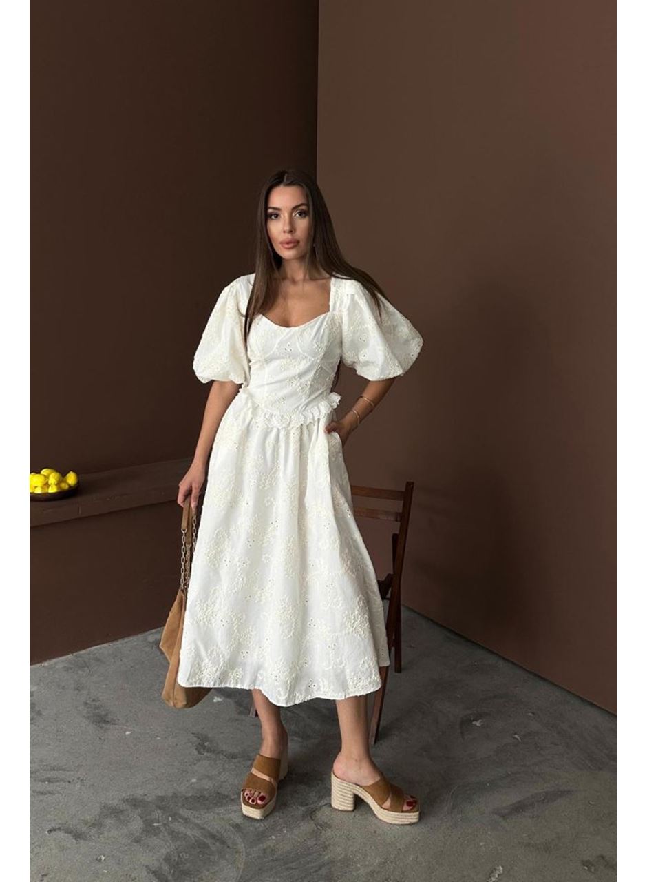 Ekru Balon Kollu Dantelli Brode Elbise