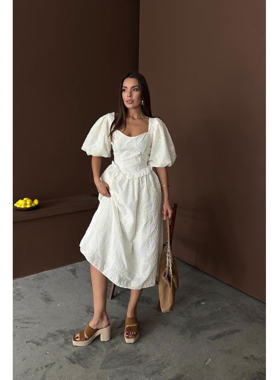 Ekru Balon Kollu Dantelli Brode Elbise