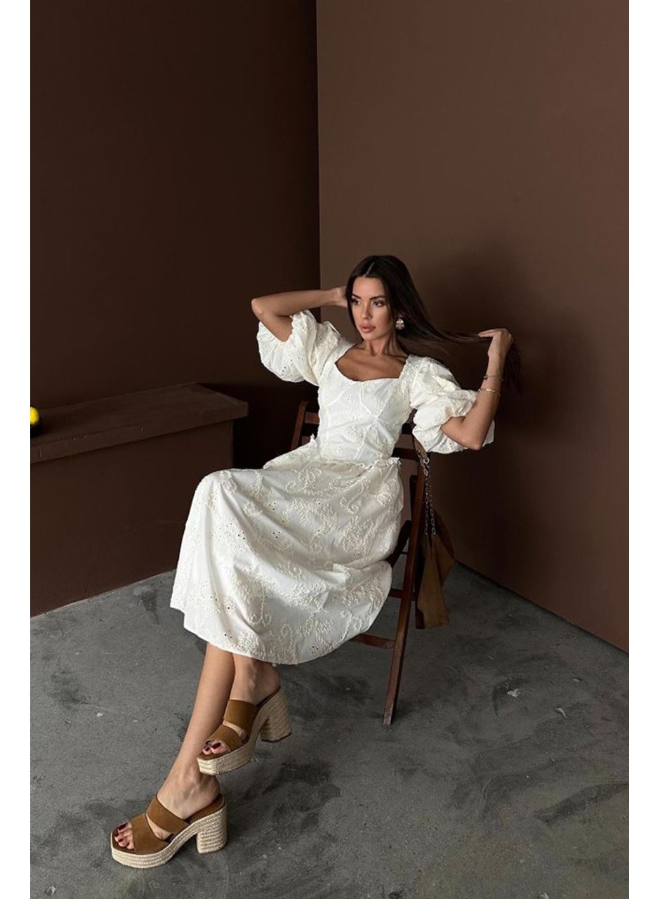 Ekru Balon Kollu Dantelli Brode Elbise