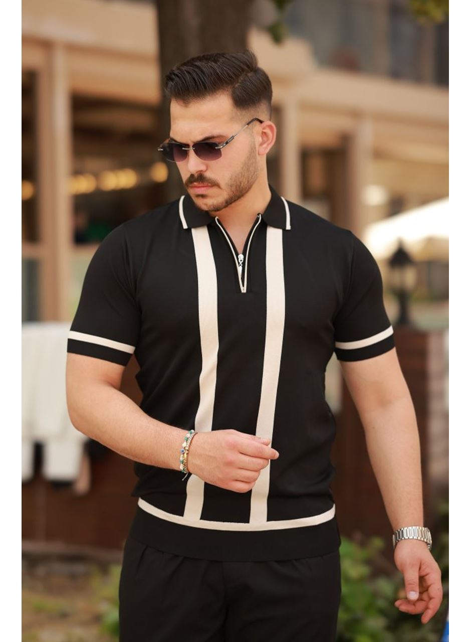 Erkek Fermuar Yakalı şerit Detaylı Kısa Kollu Tişört