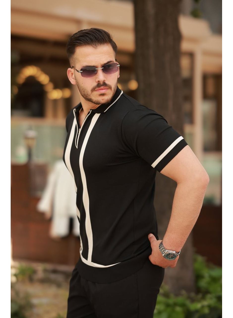 Erkek Fermuar Yakalı şerit Detaylı Kısa Kollu Tişört