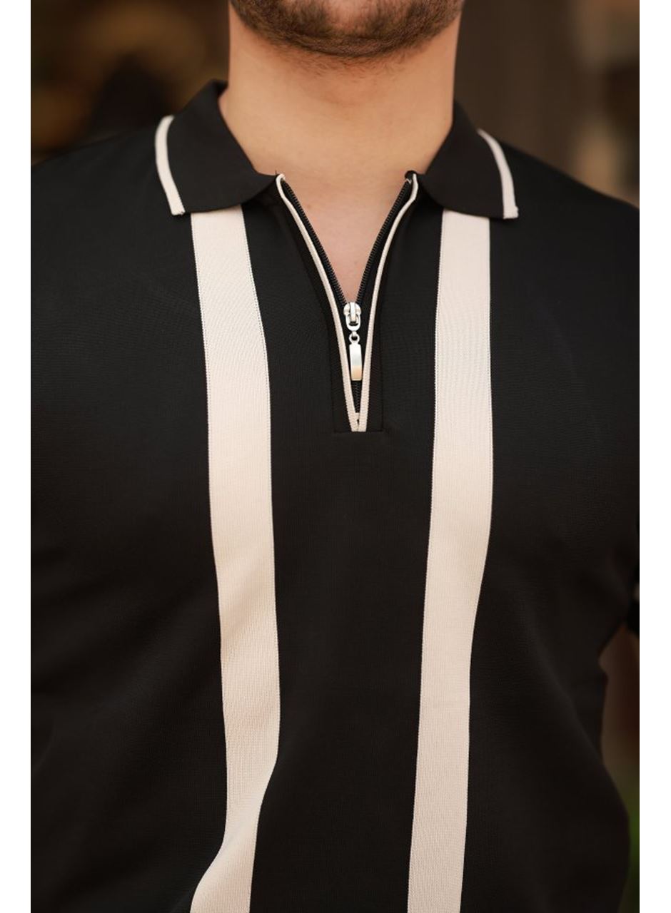 Erkek Fermuar Yakalı şerit Detaylı Kısa Kollu Tişört