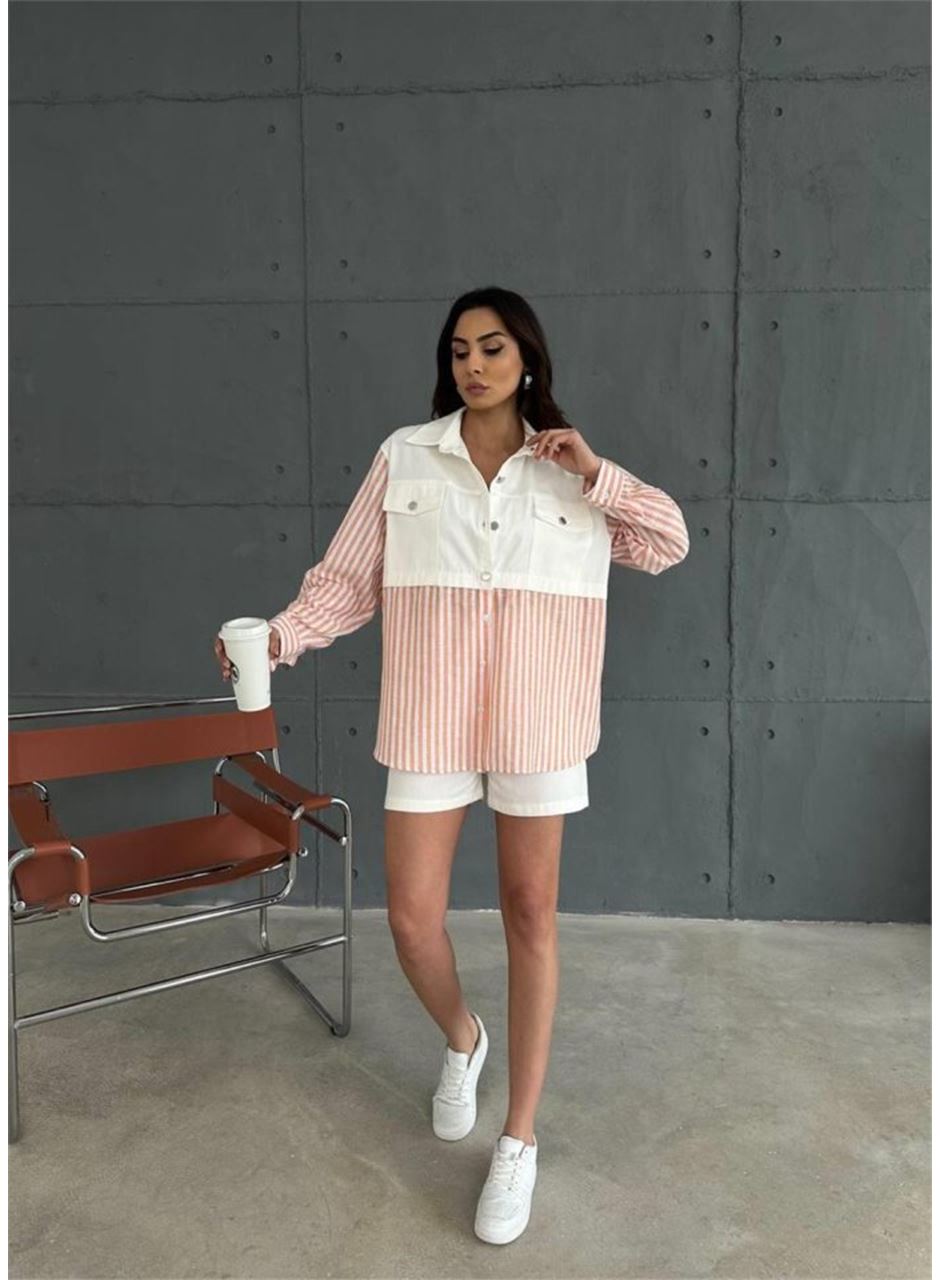 GABARDİN ŞORT - GABARDİN - ÇİZGİLİ KETEN GARNİLİ CEKET TAKIM - Orange