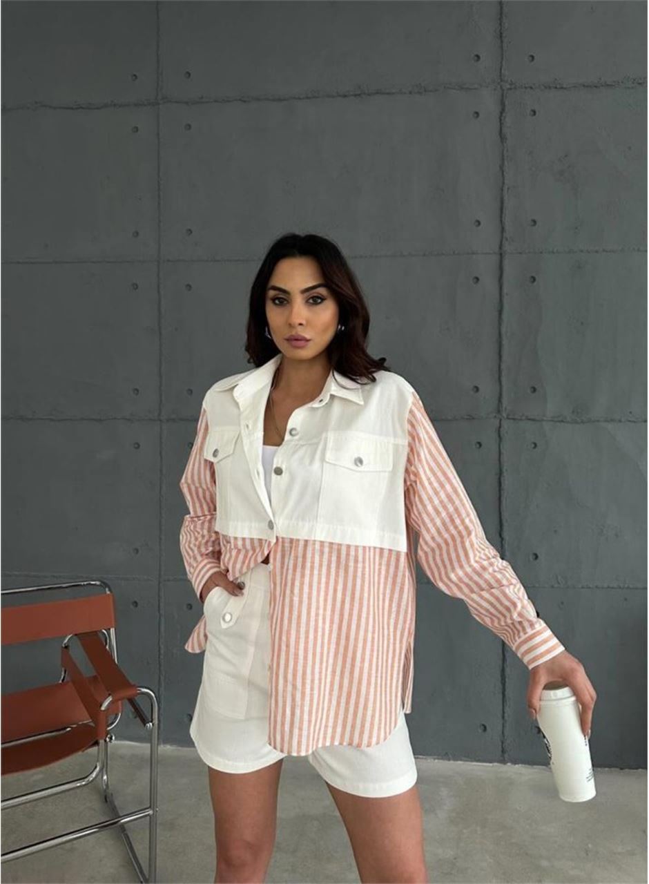 GABARDİN ŞORT - GABARDİN - ÇİZGİLİ KETEN GARNİLİ CEKET TAKIM - Orange