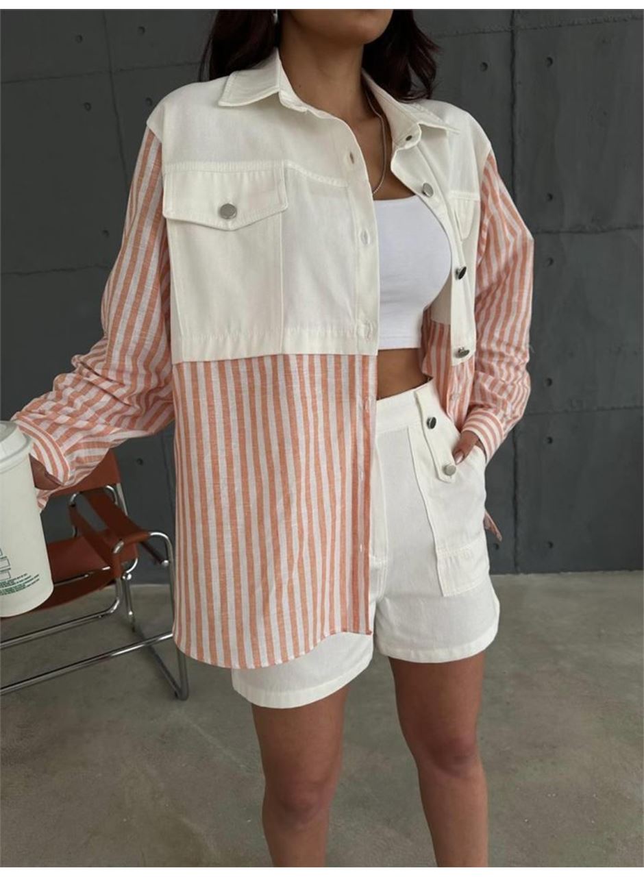 GABARDİN ŞORT - GABARDİN - ÇİZGİLİ KETEN GARNİLİ CEKET TAKIM - Orange