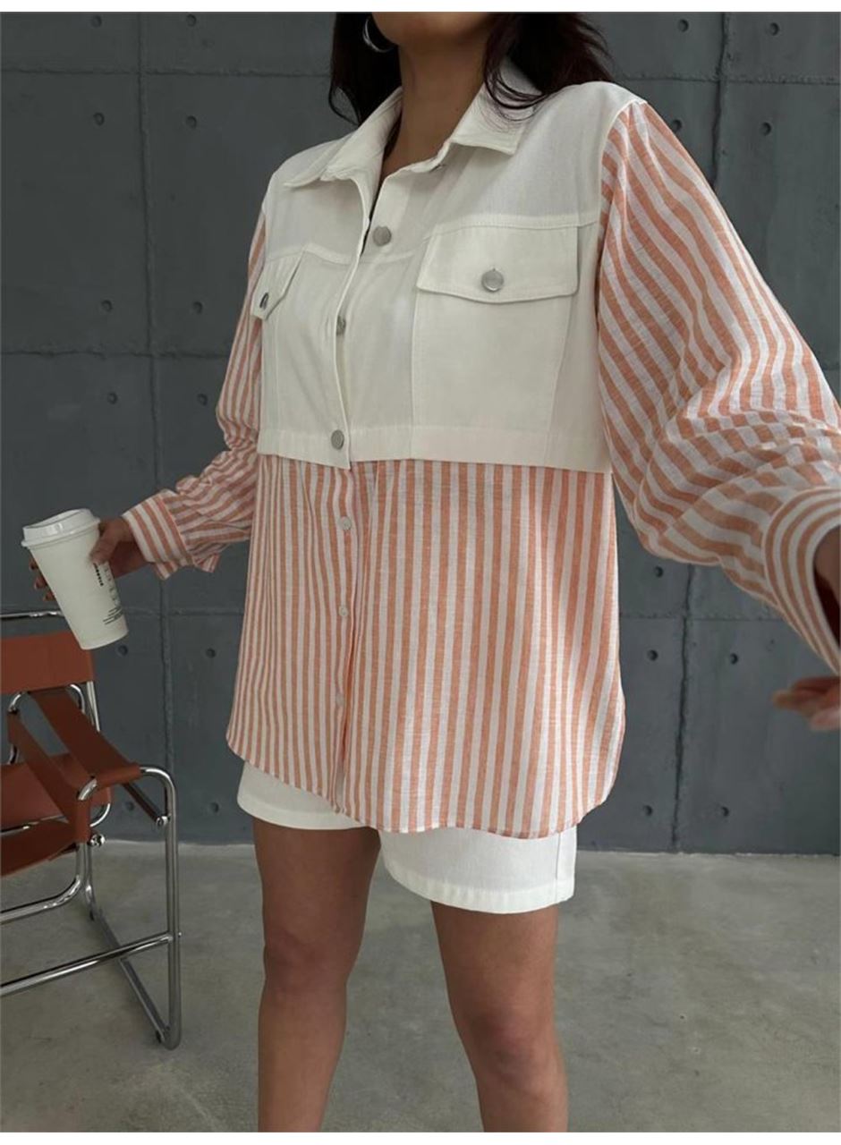 GABARDİN ŞORT - GABARDİN - ÇİZGİLİ KETEN GARNİLİ CEKET TAKIM - Orange