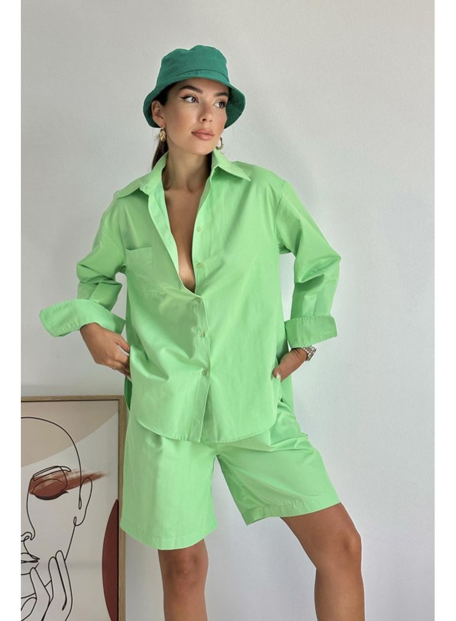 Fıstık Yeşili Önü Cepli Gömlek Ve Şort Takım