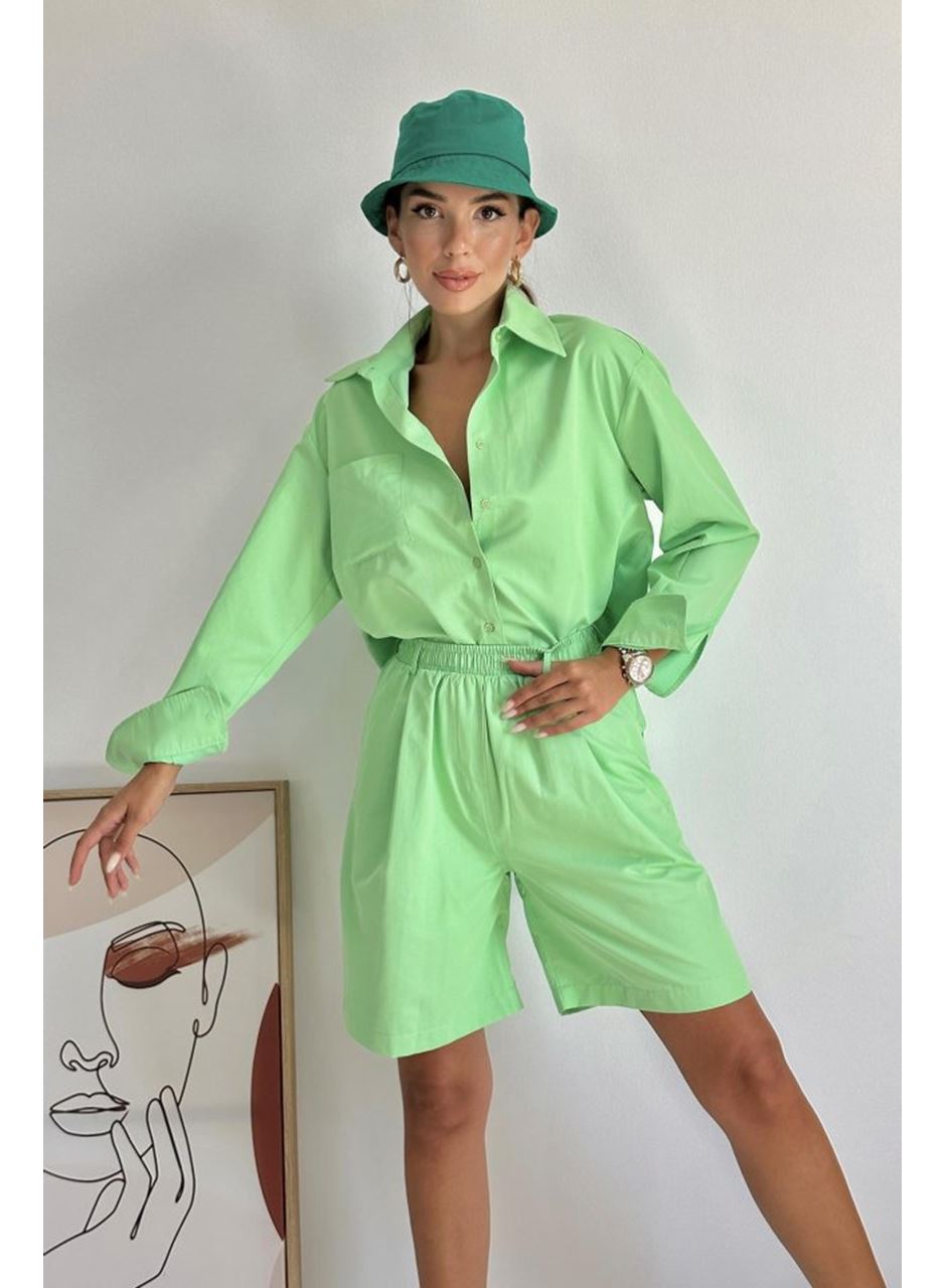 Fıstık Yeşili Önü Cepli Gömlek Ve Şort Takım