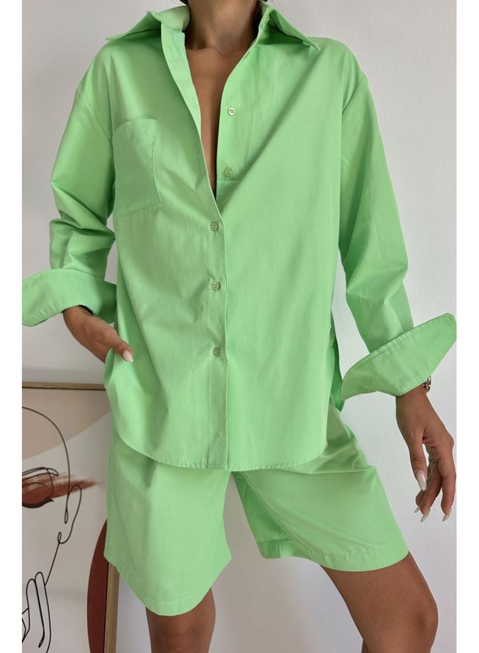 Fıstık Yeşili Önü Cepli Gömlek Ve Şort Takım