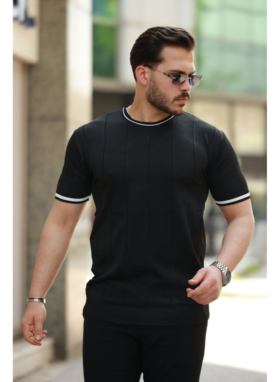 Erkek Bisiklet Yaka çizgi Desenli Ribanalı Kısa Kollu Tshirt