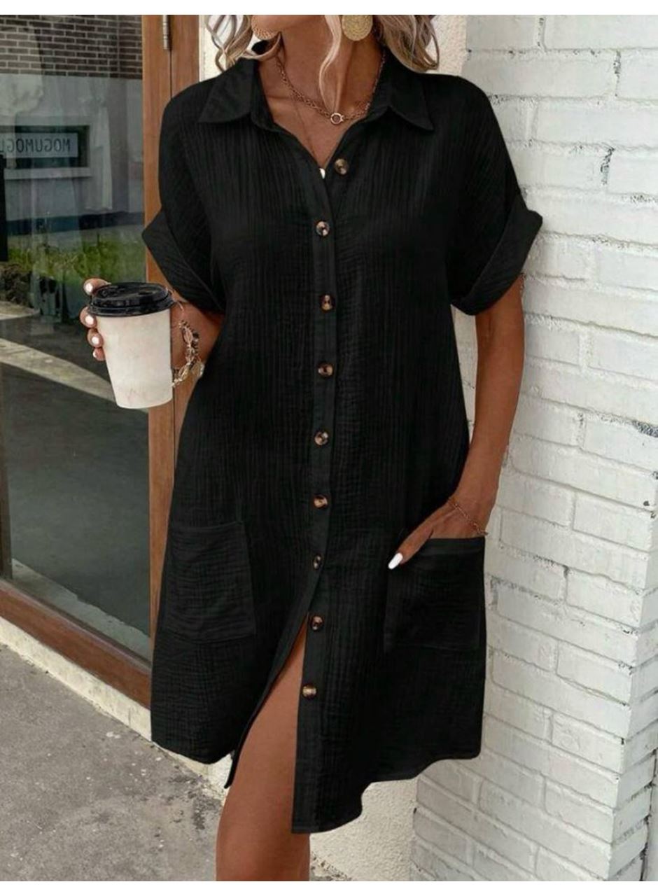 Kadın Kısa Kollu Bisiklet Yaka Yandan Yırtmaçlı Viskon Midi Elbise