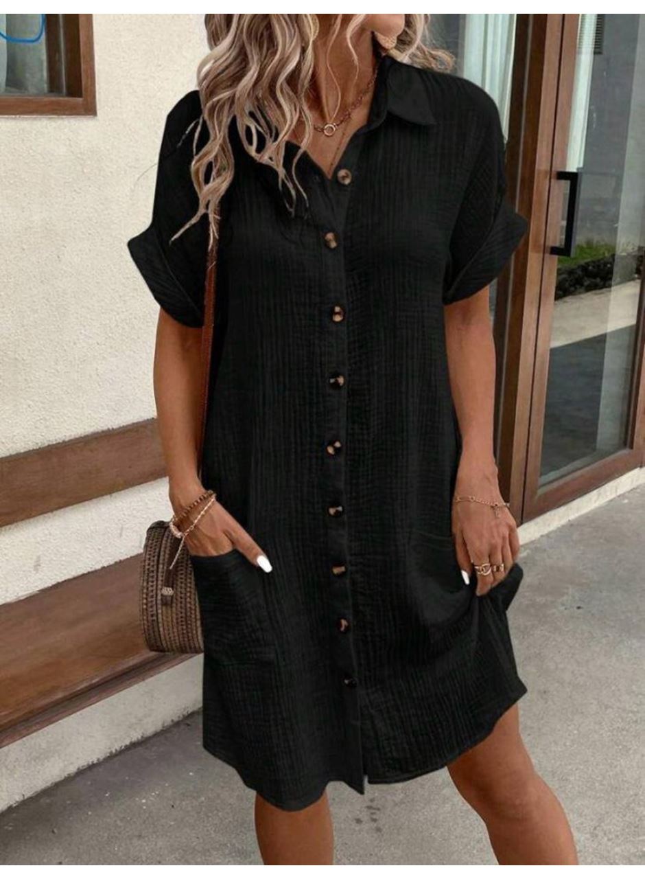 Kadın Kısa Kollu Bisiklet Yaka Yandan Yırtmaçlı Viskon Midi Elbise