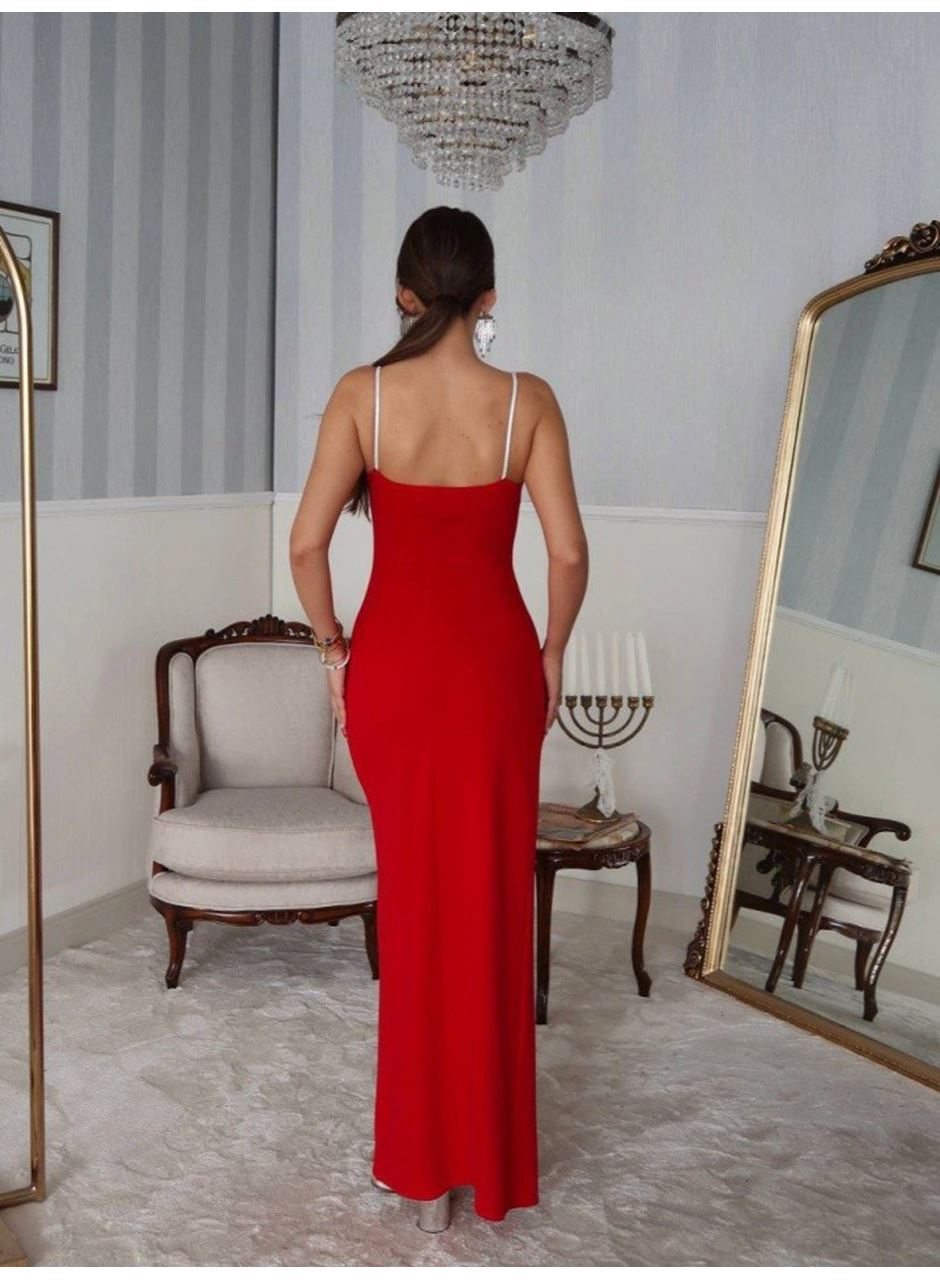 Kadın Omuz Askılı Derin Yırtmaç Detay Maxi Boy Elbise