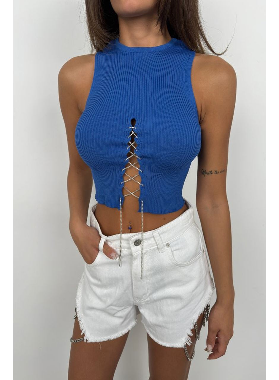 Taş Detay Dekolteli Crop Bluz