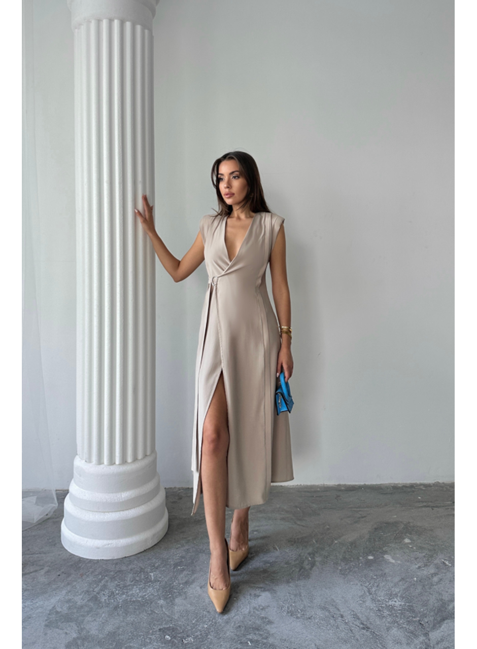 KRUVAZE VATKALI KOLSUZ ELBİSE MODAL KUMAŞ - Bej