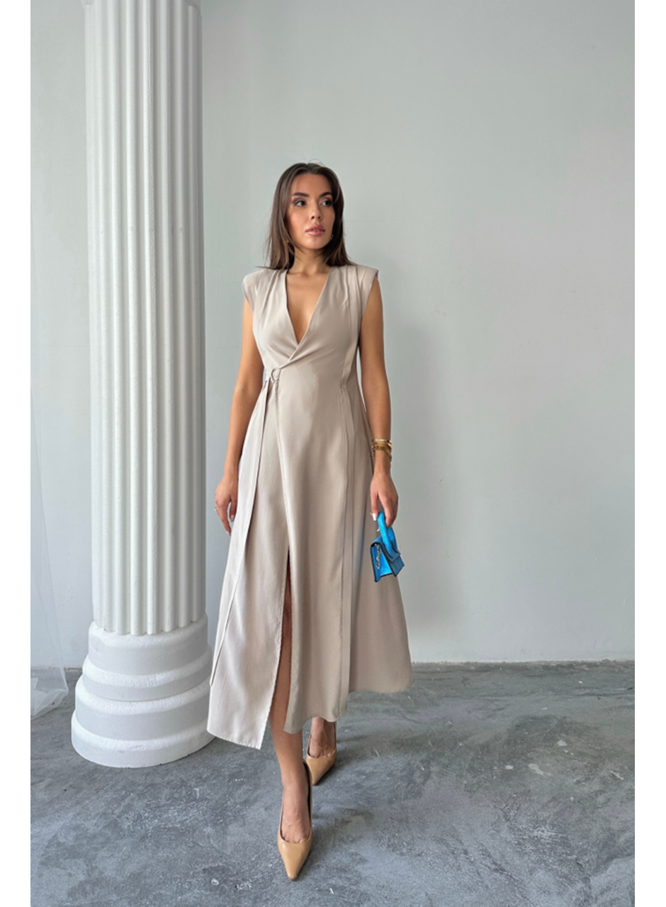 KRUVAZE VATKALI KOLSUZ ELBİSE MODAL KUMAŞ - Bej