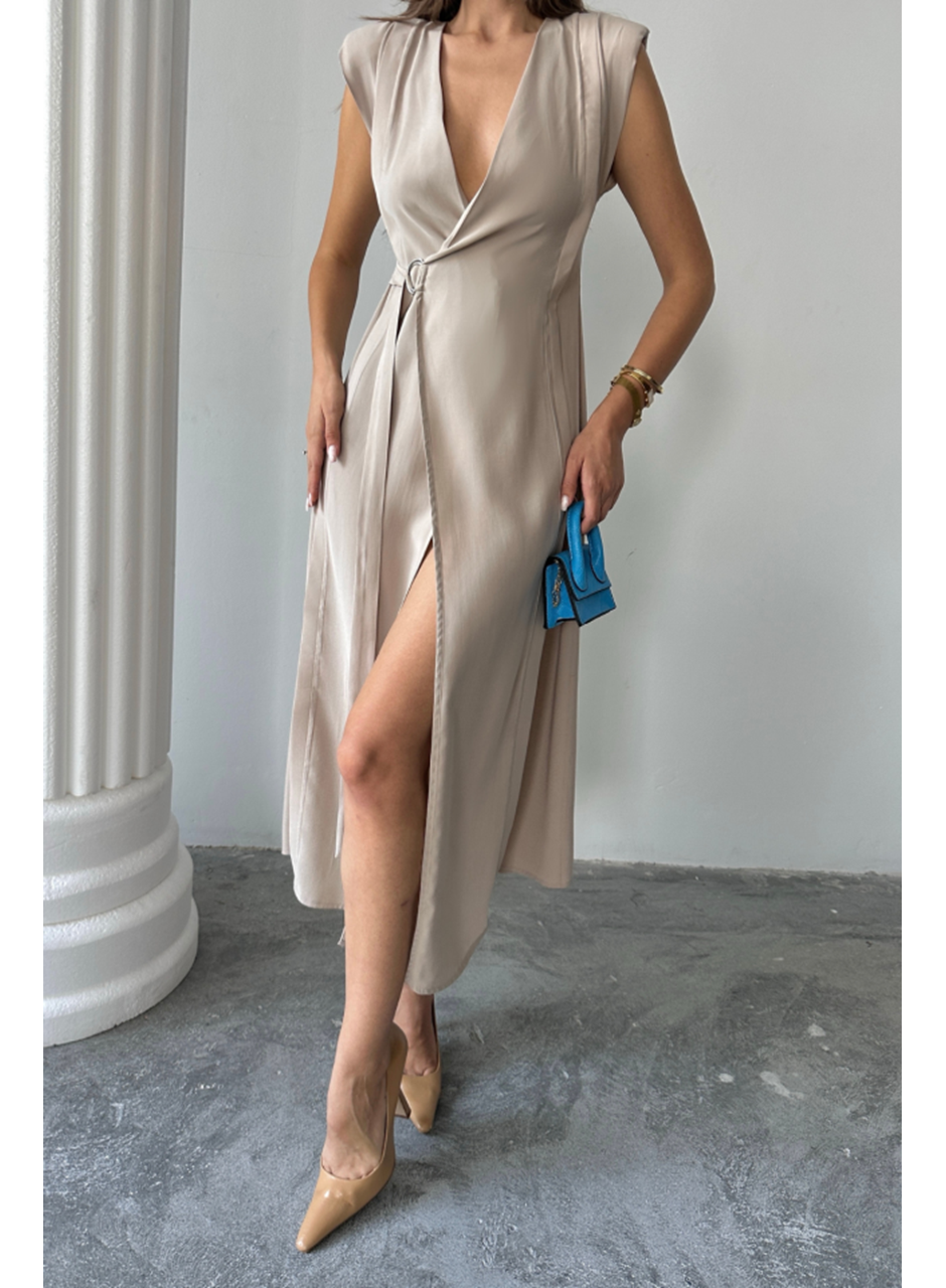 KRUVAZE VATKALI KOLSUZ ELBİSE MODAL KUMAŞ - Bej