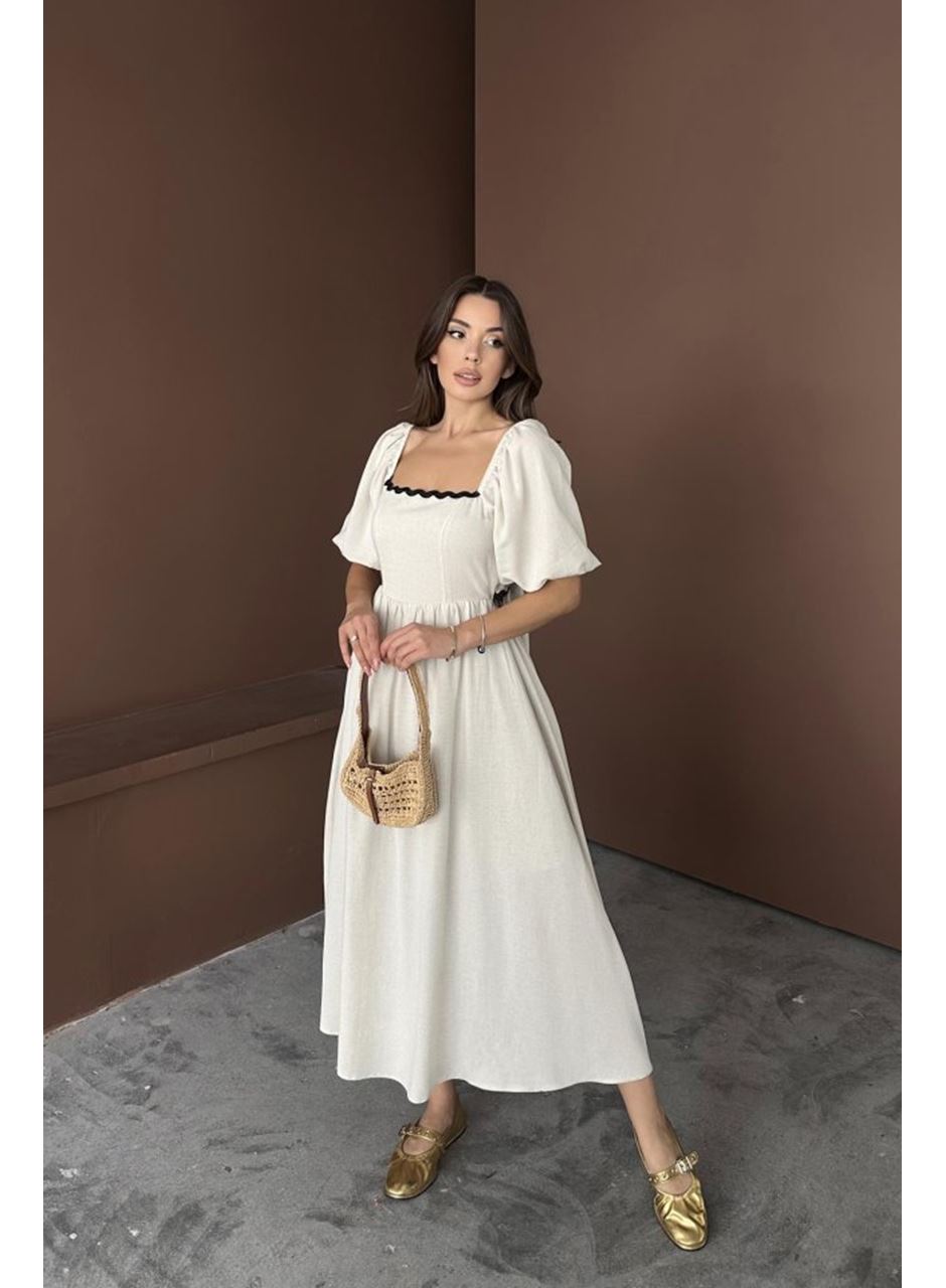 Bej Arkası Bağlamalı Keten Elbise