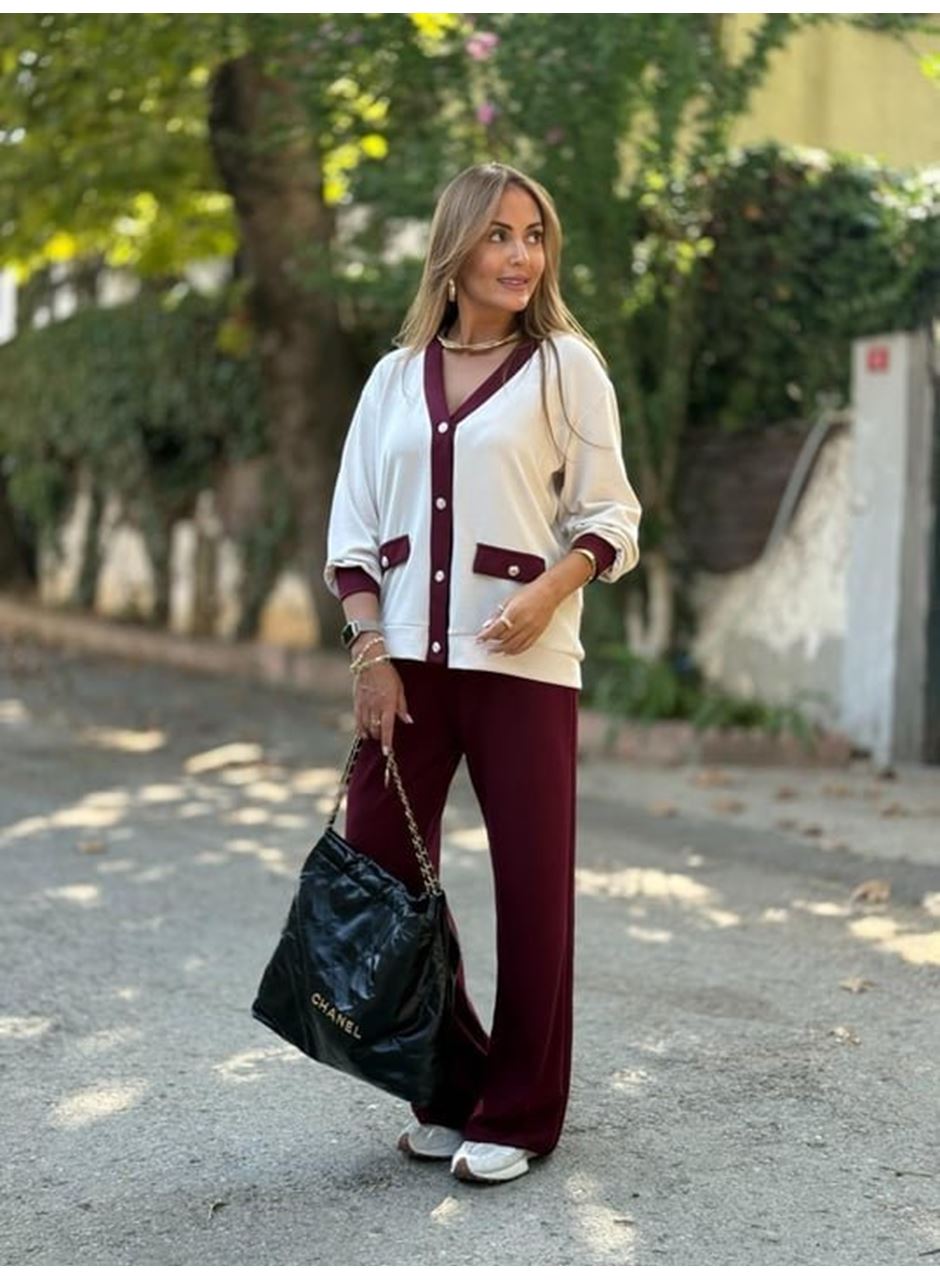 Kadın Uzun Kollu Ribanali Cep Detay Hırka Ve Bol Paça Pantolon Ikili Takım