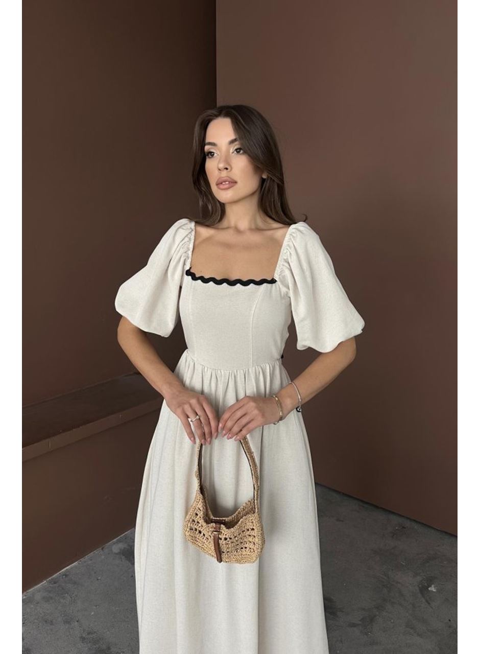 Bej Arkası Bağlamalı Keten Elbise