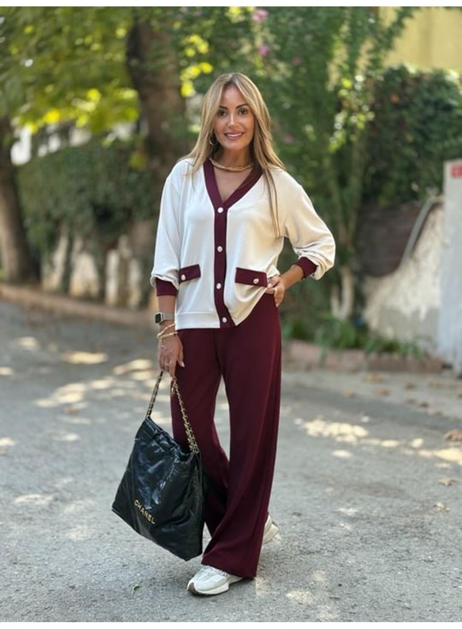 Kadın Uzun Kollu Ribanali Cep Detay Hırka Ve Bol Paça Pantolon Ikili Takım