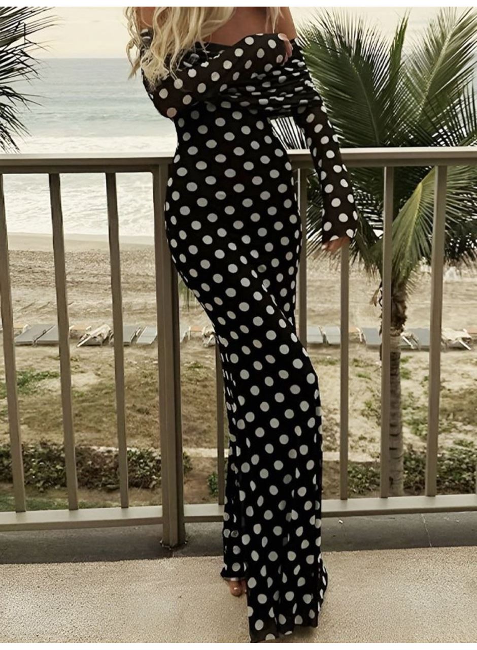 Puantiyeli Tül İçi Astarlı Madonna Yaka Maxi Boy Elbise