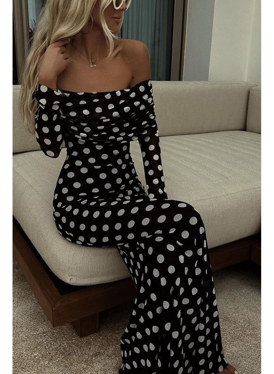 Puantiyeli Tül İçi Astarlı Madonna Yaka Maxi Boy Elbise