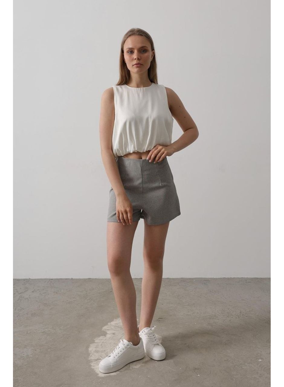 Saten Kolsuz Belki Lastikli Bluz - Ekru