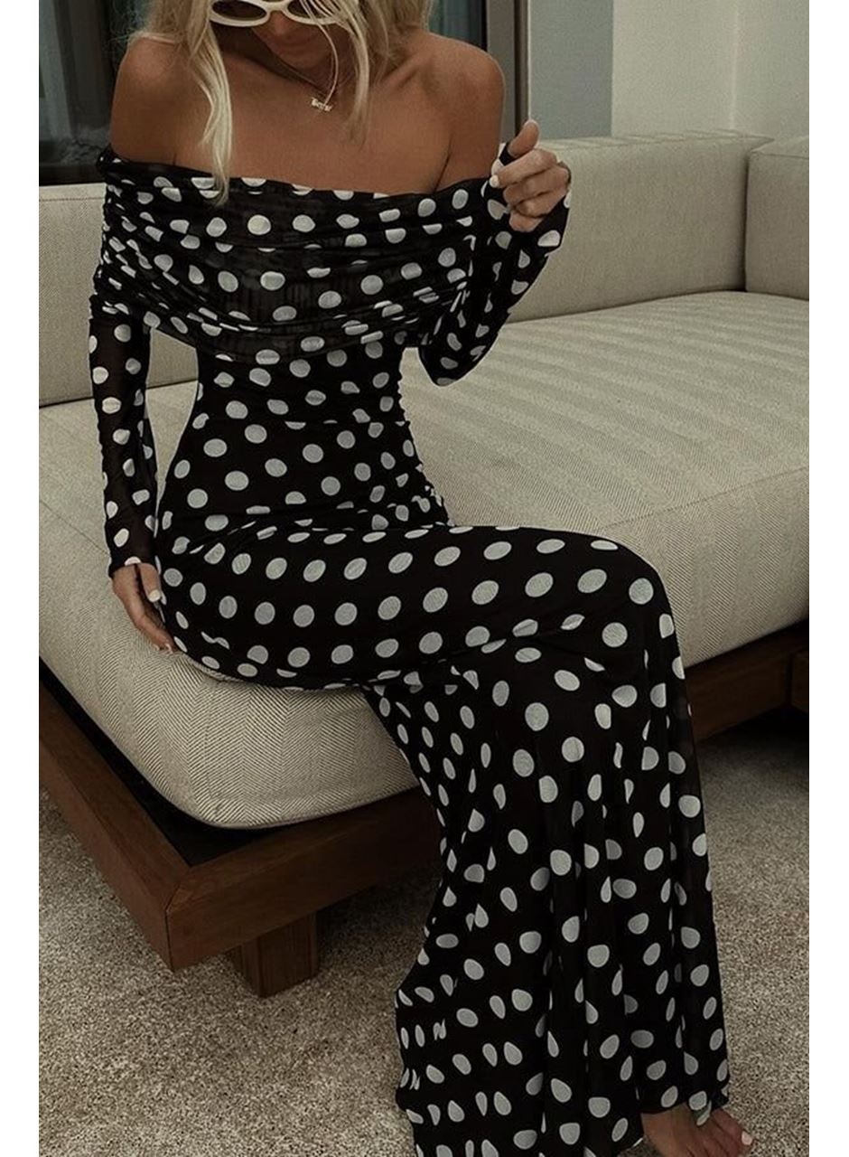 Puantiyeli Tül İçi Astarlı Madonna Yaka Maxi Boy Elbise