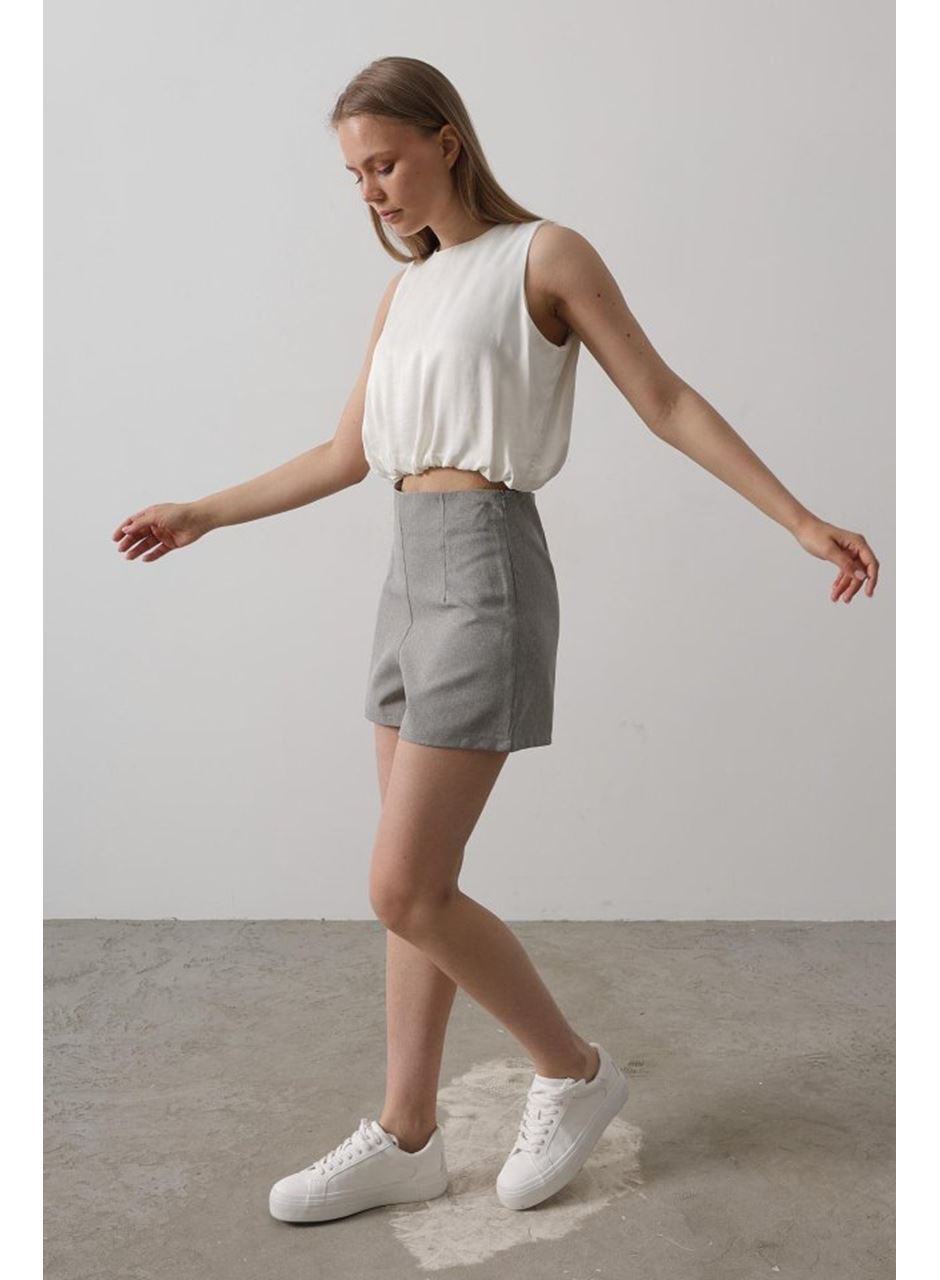 Saten Kolsuz Belki Lastikli Bluz - Ekru