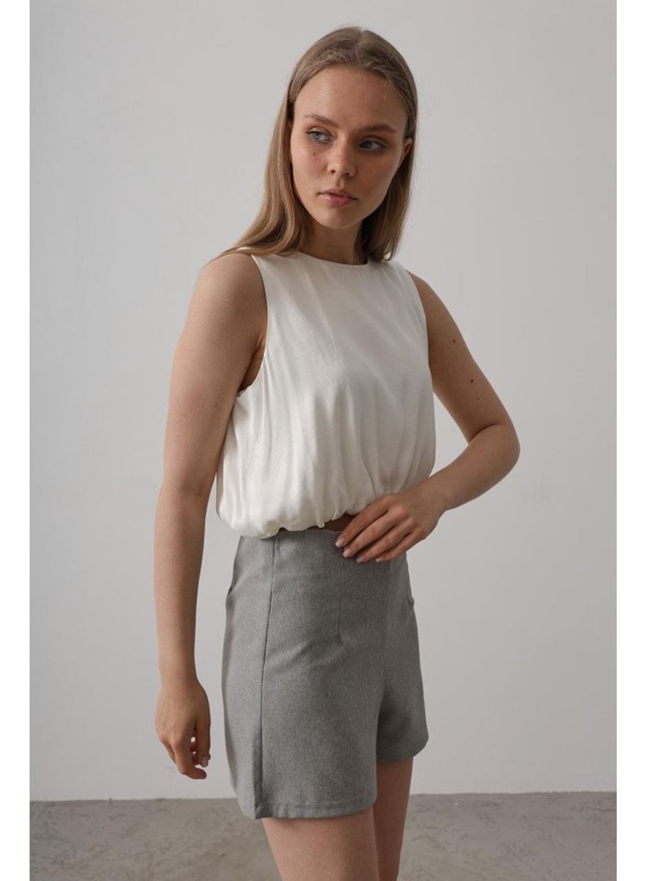 Saten Kolsuz Belki Lastikli Bluz - Ekru