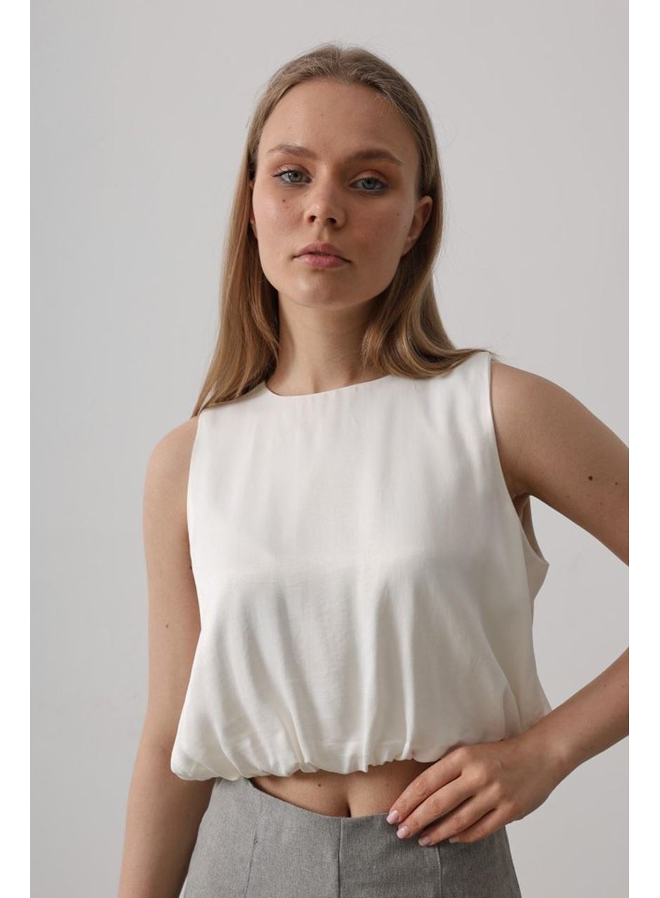 Saten Kolsuz Belki Lastikli Bluz - Ekru