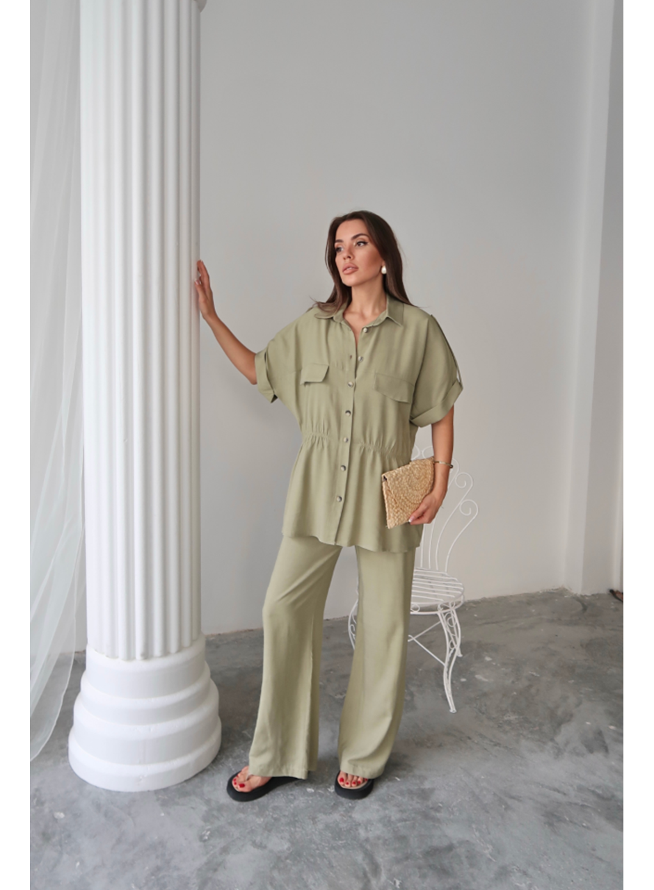 KETEN BELDEN BÜZGÜ DETAYLI GÖMLEK - PANTOLON TAKIM - Yeşil