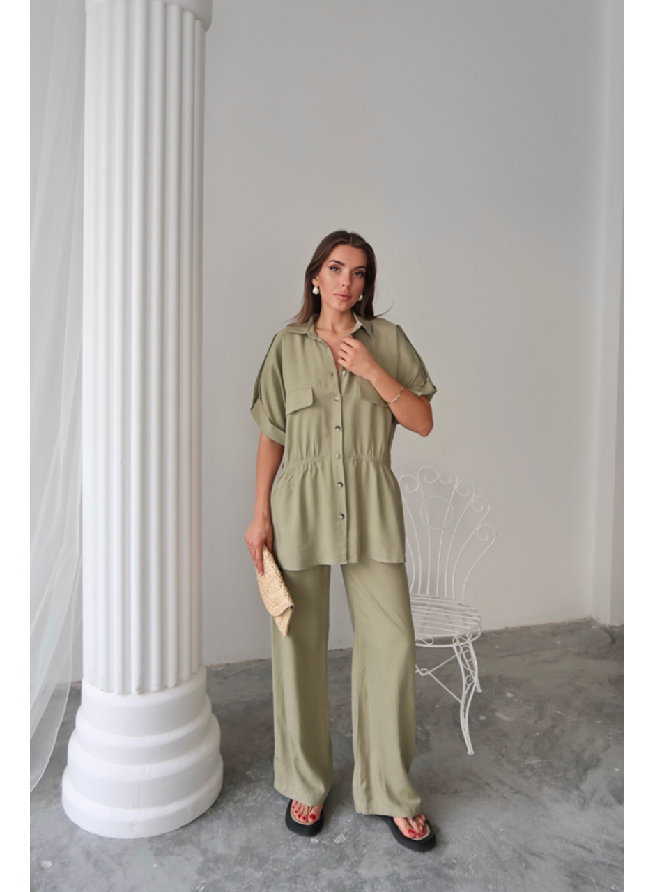 KETEN BELDEN BÜZGÜ DETAYLI GÖMLEK - PANTOLON TAKIM - Yeşil