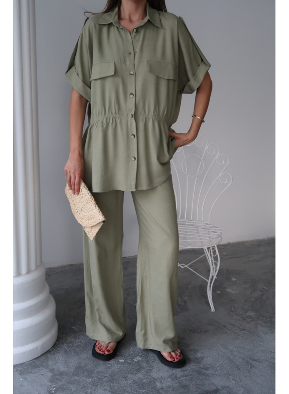 KETEN BELDEN BÜZGÜ DETAYLI GÖMLEK - PANTOLON TAKIM - Yeşil