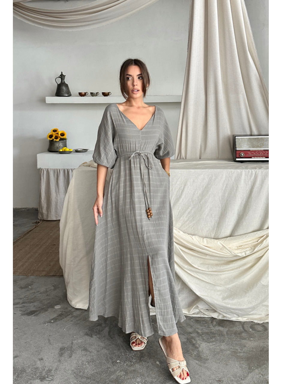 V YAKA BEL BONCUK BAĞLAMALI MÜSLİN ELBİSE YIRTMAÇ DETAYLI - Gri