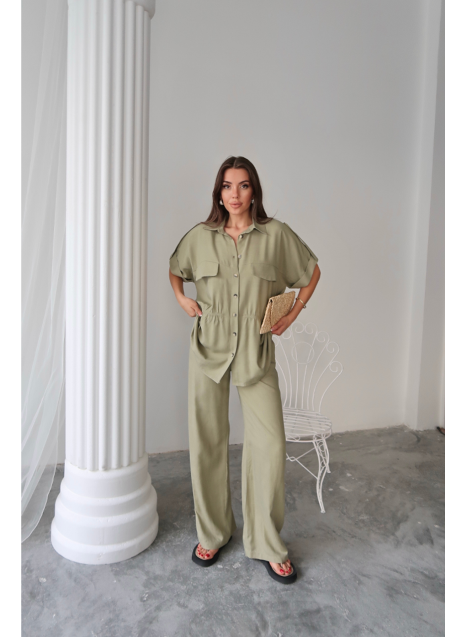KETEN BELDEN BÜZGÜ DETAYLI GÖMLEK - PANTOLON TAKIM - Yeşil