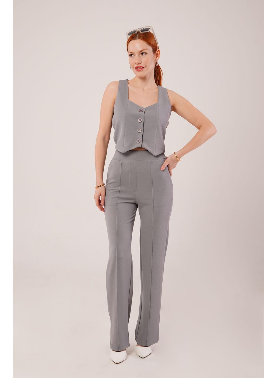 Kalın Askılı Düğmeli Yelek Ve Pantolon Gri Takım