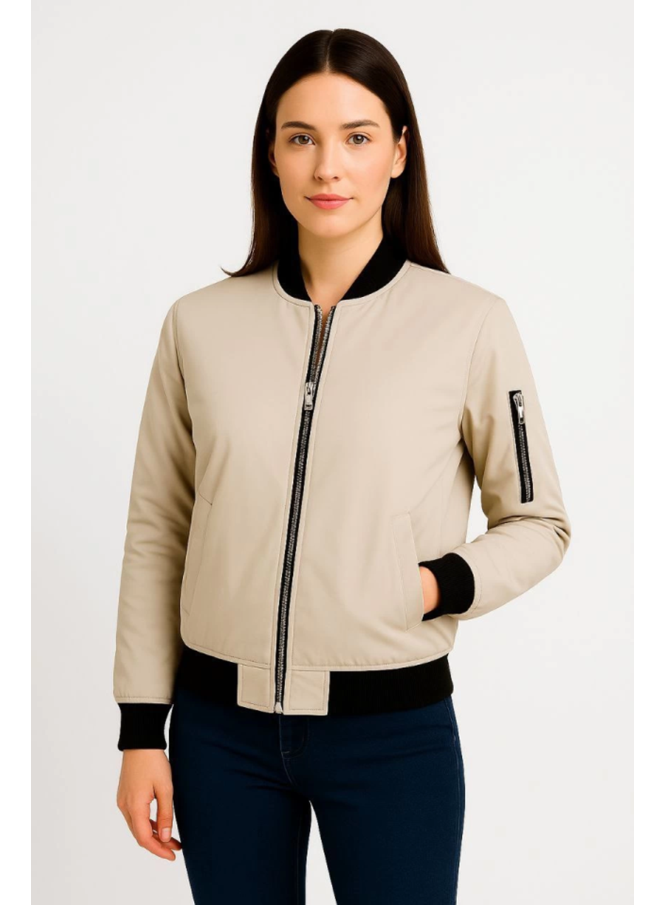 Içi Astarlı Fermuarlı Bomber Mont Ceket - Bej