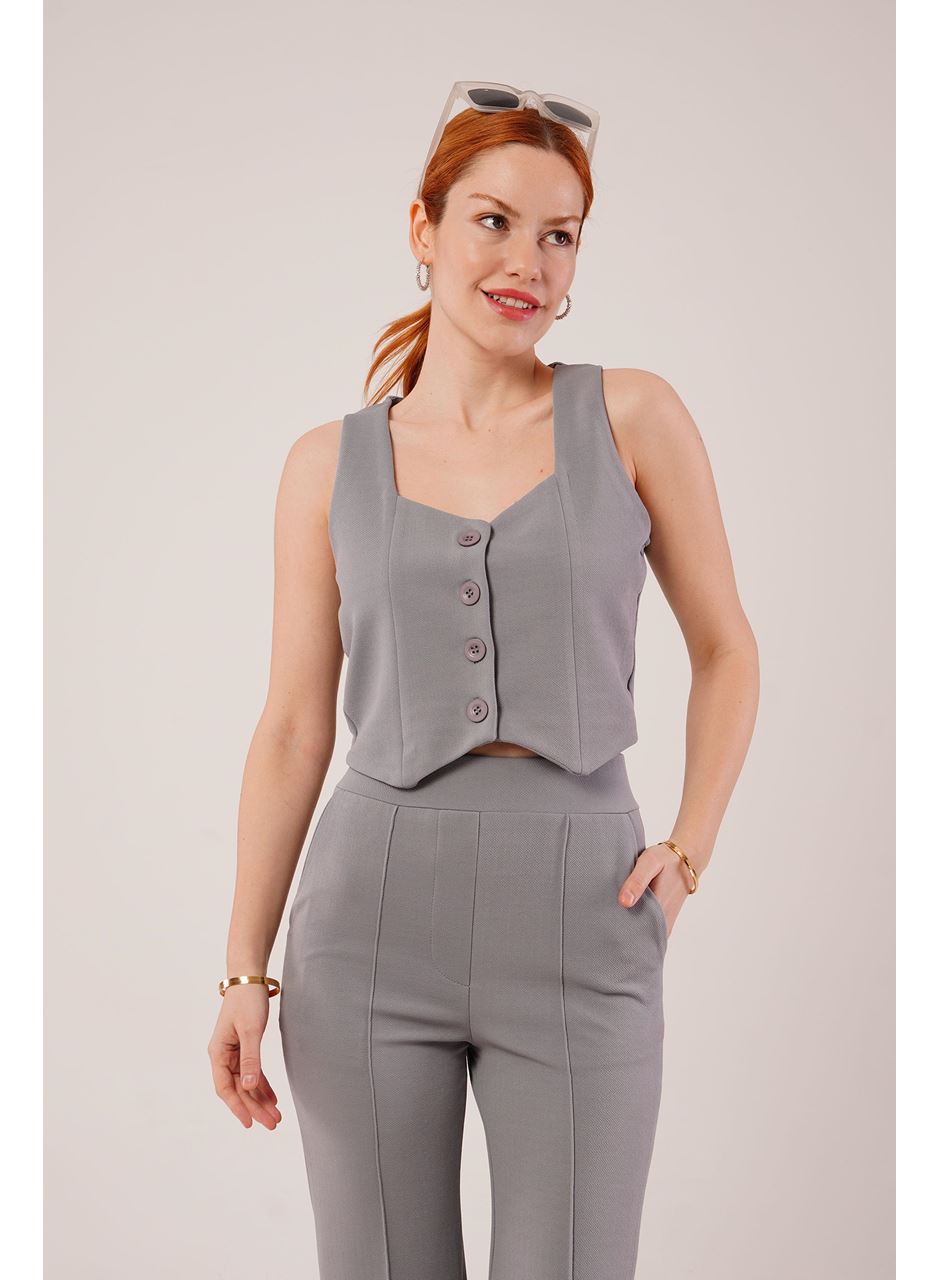 Kalın Askılı Düğmeli Yelek Ve Pantolon Gri Takım