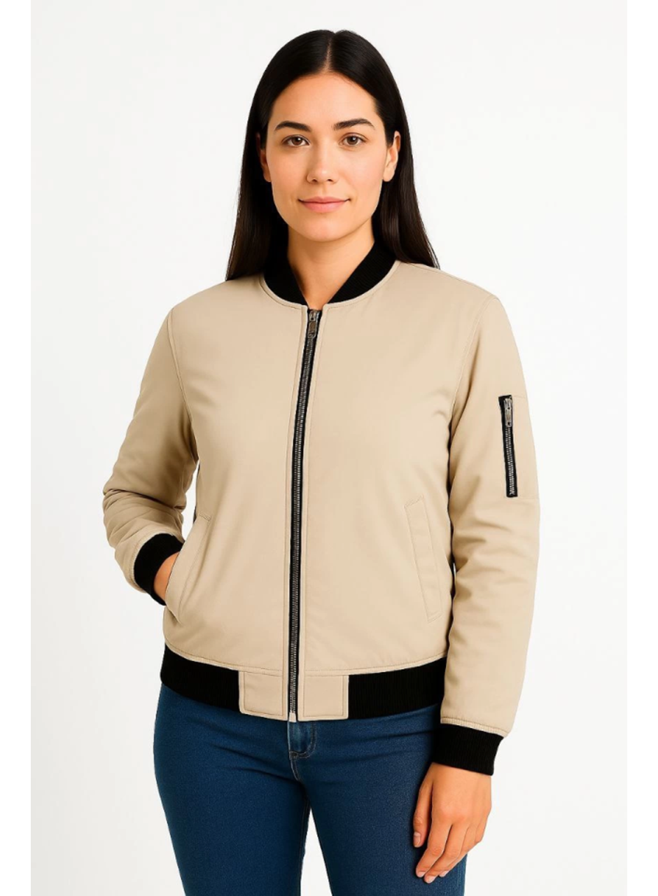 Içi Astarlı Fermuarlı Bomber Mont Ceket - Bej
