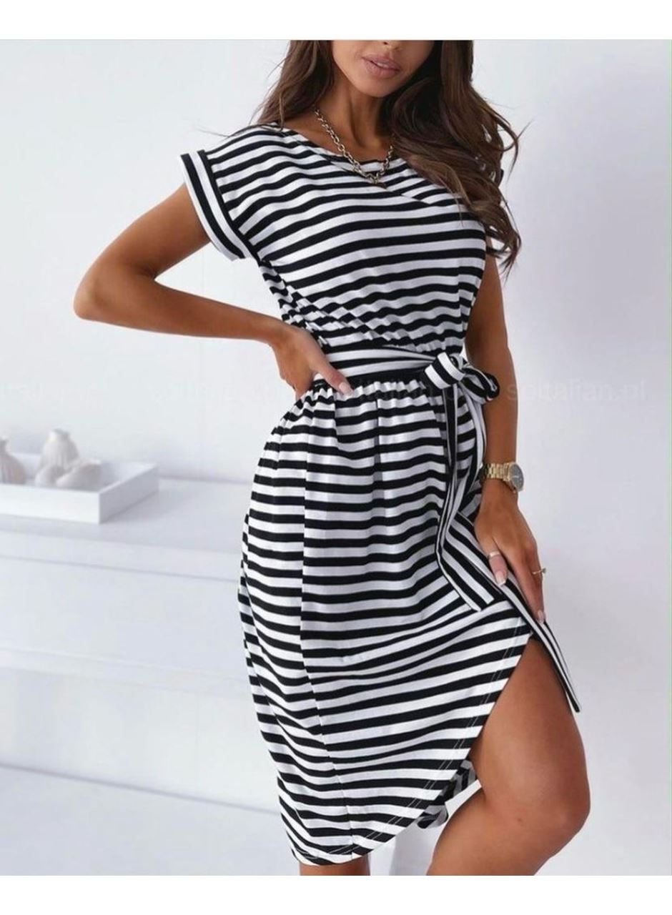 Kadın Kuşaklı Turlu Viskon Kumaş Elbise